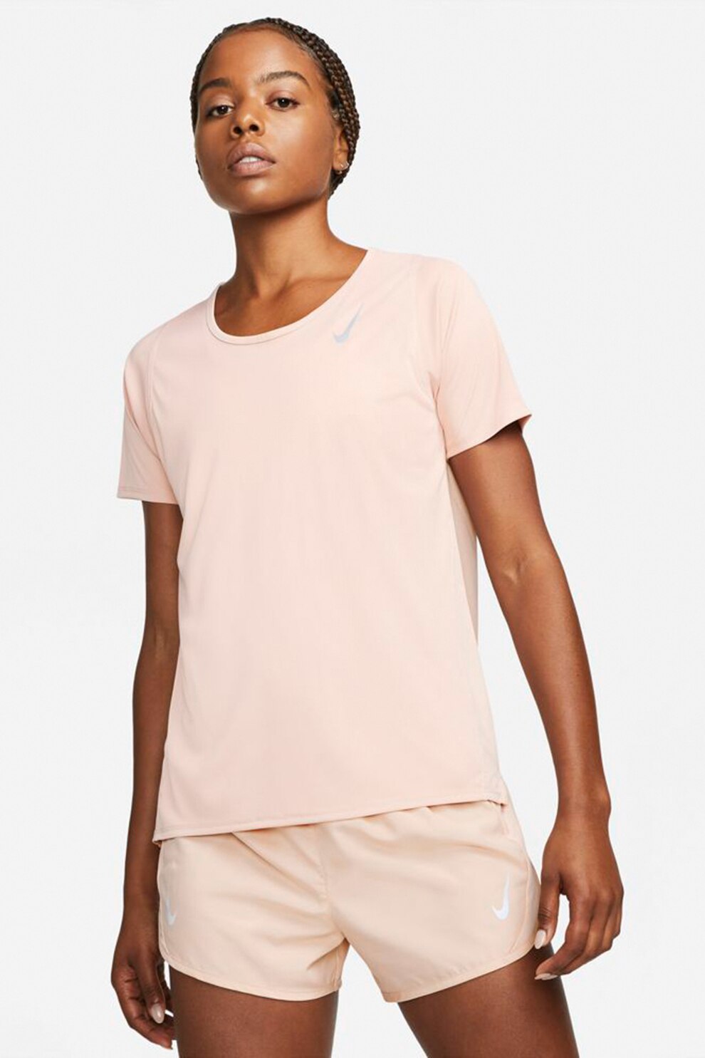 Nike, Tricou cu tehnologie Dri-Fit si logo pentru alergare, Roz piersica/Alb