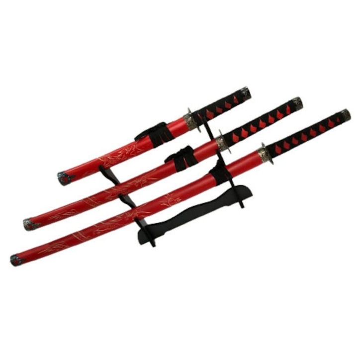 Set 3 sabii cu teaca de lemn Three Bloody, ornament, suport din lemn, 3 dimensiuni,