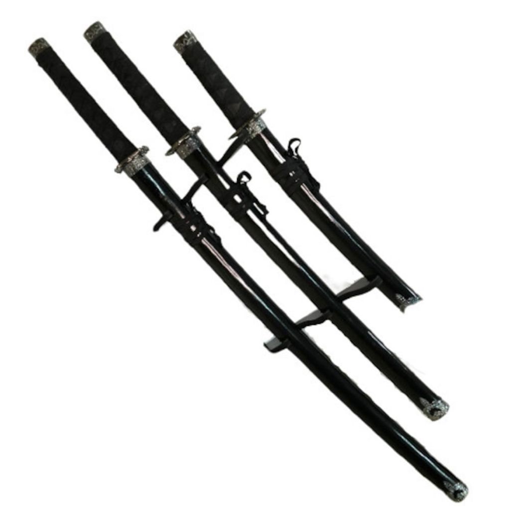 Set format din 3 sabii cu teaca de lemn Scorpions, ornament, 3 dimensiuni si suport din lemn