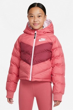 Nike, Geaca cu gluga si model matlasat, Roz/Alb Nike, Geaca cu gluga si model matlasat, Roz/Alb