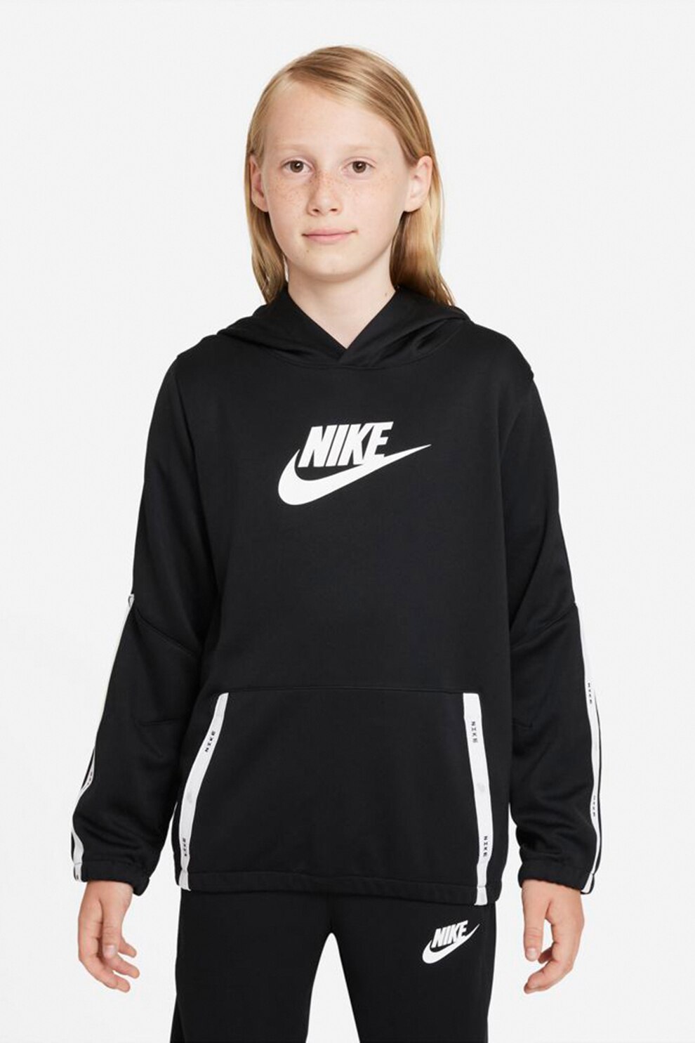 Nike, Costum sport cu imprimeu logo si gluga, Negru/Alb