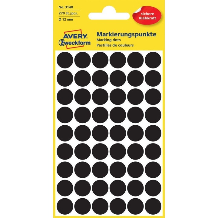 Etichetă autocolantă, pentru marcare o12 mm, 54 etichete/coală, 5 coli/cutie, Avery negru