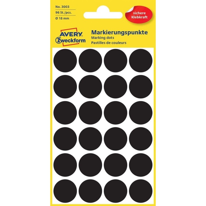 Etikett AVERY 3003 jelölőpont 18 mm fekete 96 címke/doboz 4 ív/doboz