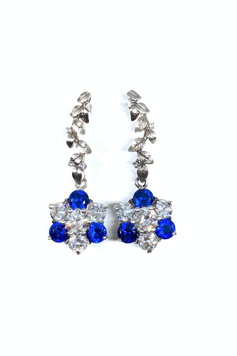 Cercei din Argint 925, floare albastra, cu surub, 4 cm