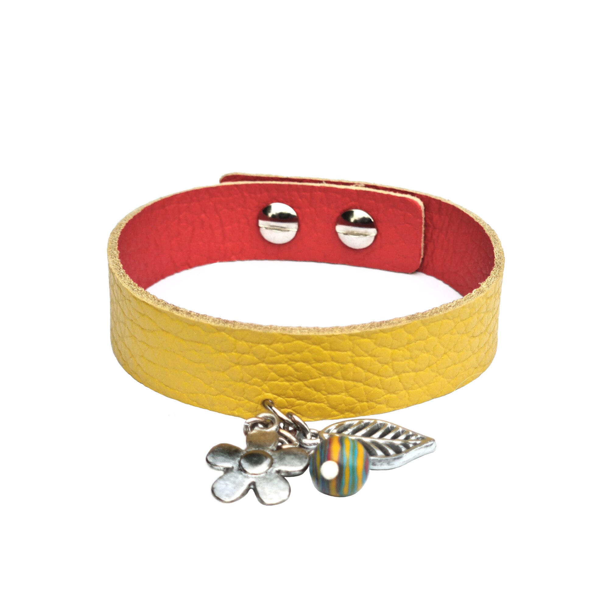Bratara Decoranna Handcraft Charm Curcubeu, piele naturala lucrata manual cu accesorii metalice si malachita colorata, galben rosu