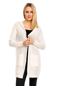 Cardigan cu gluga si buzunare frontale, alb marime s-l Cardigan cu gluga si buzunare frontale, alb marime s-l