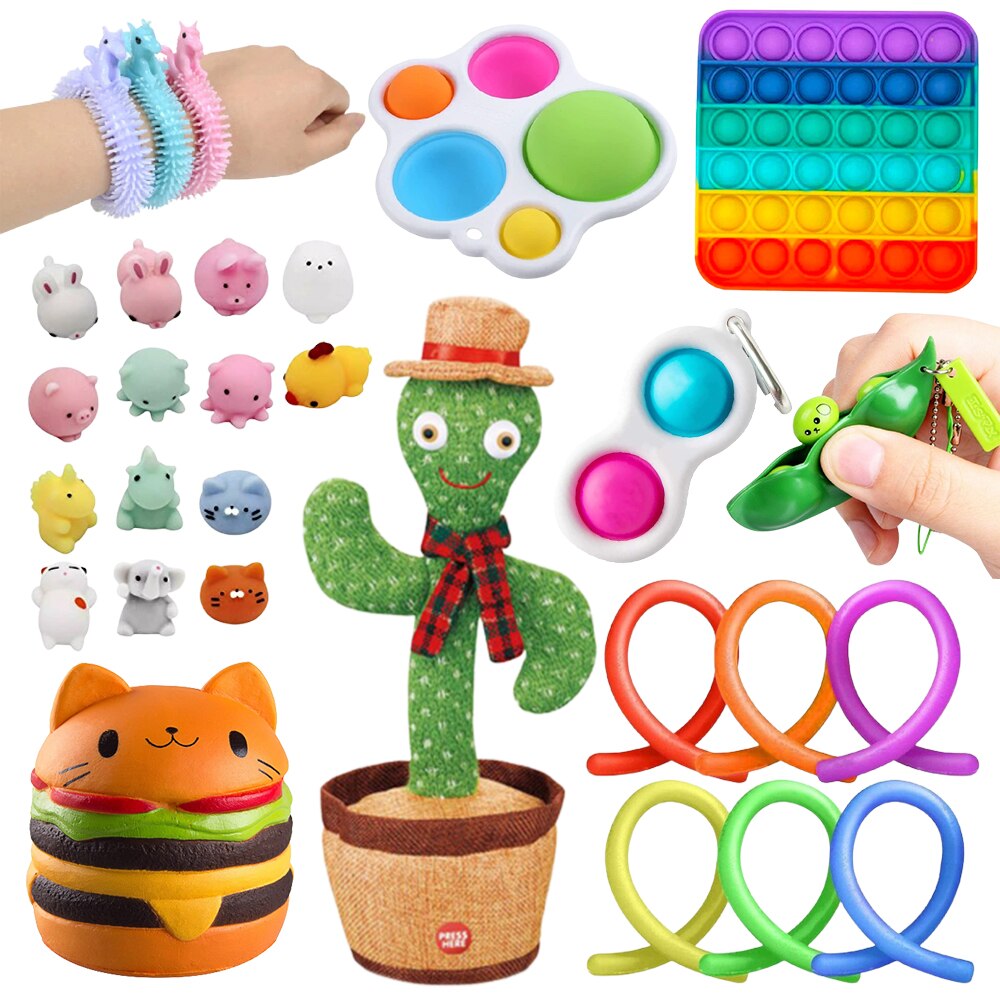Set 29 Jucarii Zenuk® - Fidget toys, Cactus Dansator, Pop It, Simple Dimple, Squishy Mushy, Breloc, Multicolor
