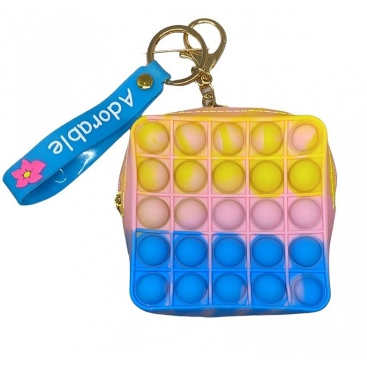 Érzékszervi játék Pop it Sárga és kék négyzetes pénztárca, 9 cm, Avaleea