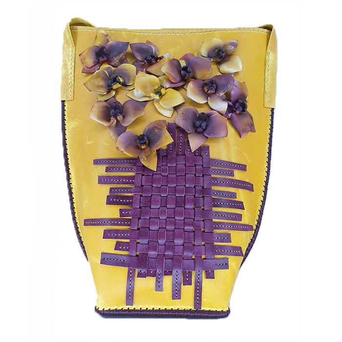 Poseta din piele, cu decupaje, galbena, AG Design, dimensiune 30.5/36.5/15 cm