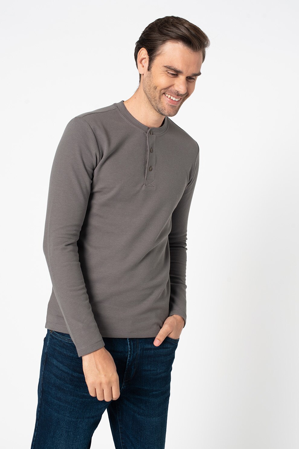 !Solid, Bluza cu aspect striat si decolteu Henley Thune, Gri