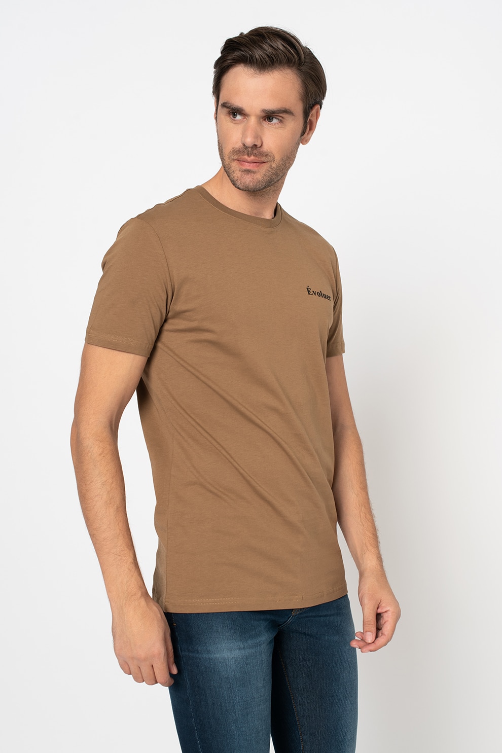 !Solid, Tricou de bumbac organic cu imprimeu discret pe piept Vadim, Maro camel