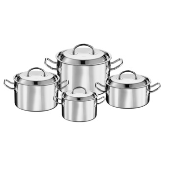 Set de 4 oale cu capac Rösle, Multiply, toate sursele de caldura, otel inoxidabil, strat intermediar de aluminiu, margine pentru turnare usoara, inox Set de 4 oale cu capac Rösle, Multiply, toate sursele de caldura, otel inoxidabil, strat intermediar de aluminiu, margine pentru turnare usoara, inox