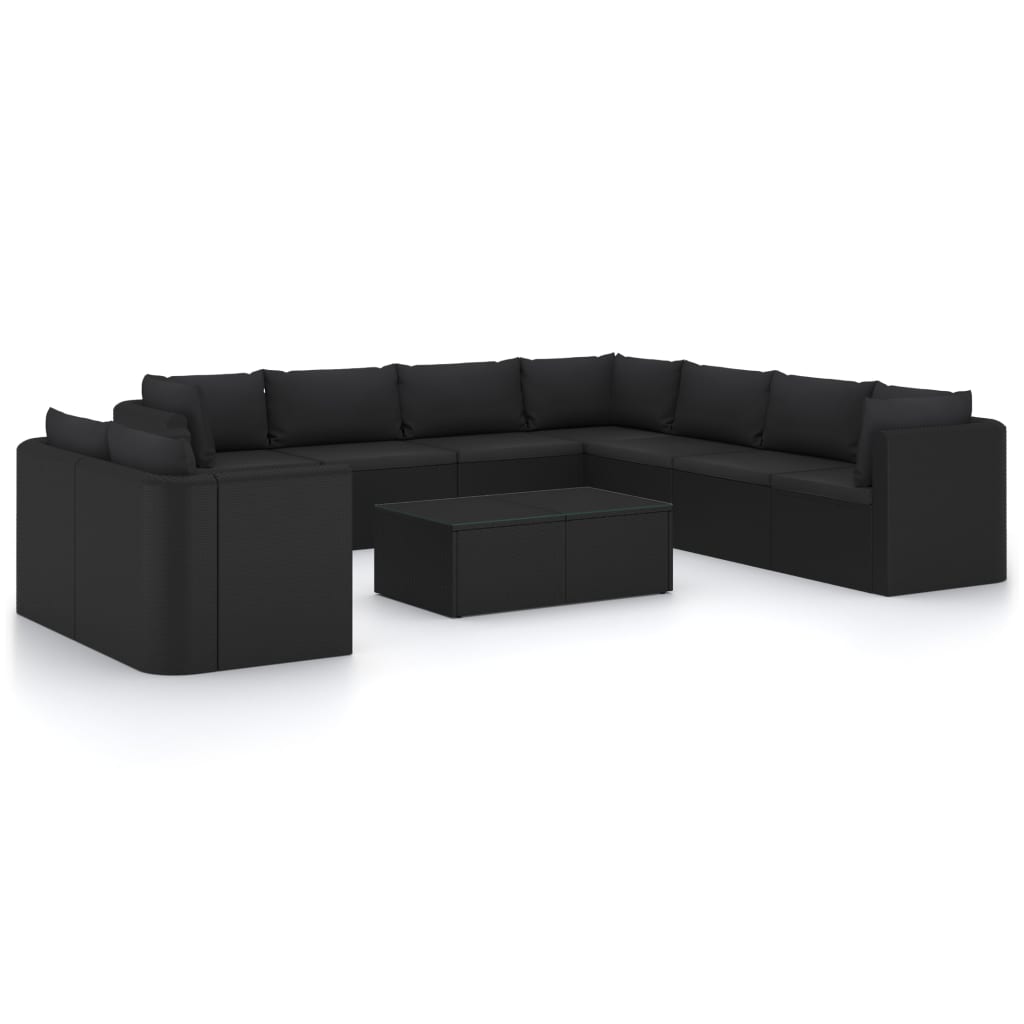 Set mobilier de exterior din 11 piese cu perne incluse vidaXL, Poliratan, 50 x 60 x 33 cm, Negru