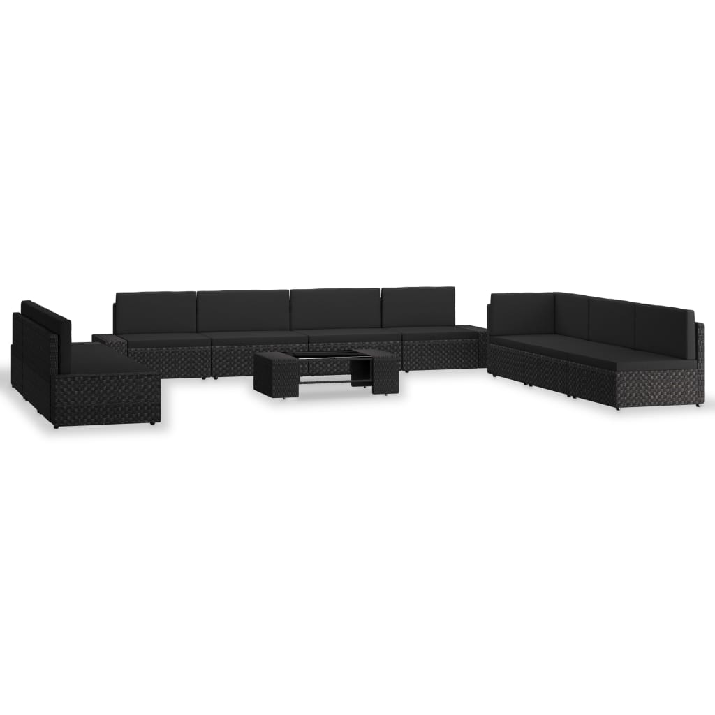 Set mobilier de gradina cu 9 canapele cu perne si 1 masa vidaXL, Poliratan, 90 x 50 x 26 cm, Negru
