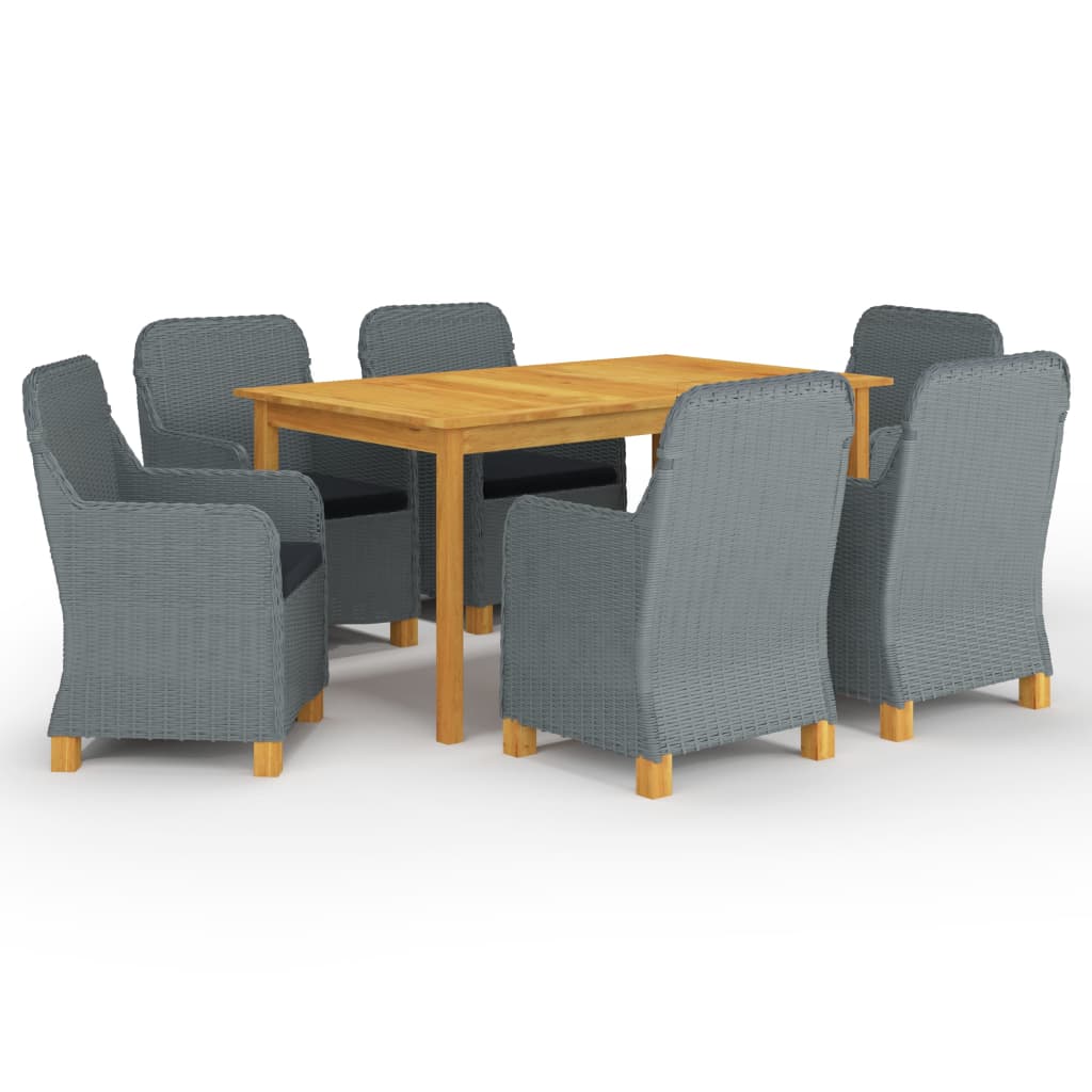 Set mobilier gradina 7 piese masa cu fotolii, vidaXL, Ratan si Lemn acacia, 150 x 90 x 74 cm, Gri deschis-Maro/ Perne negru