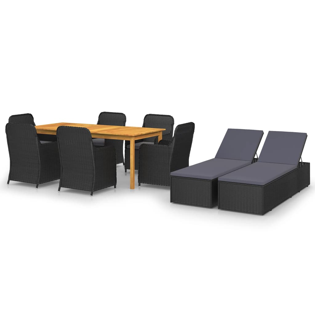 Set mobilier gradina 9 piese masa cu 6 fotolii si 2 sezlonguri, vidaXL, Ratan si Lemn masiv de acacia, 200 x 90 x 74 cm, Negru- perne gri inchis