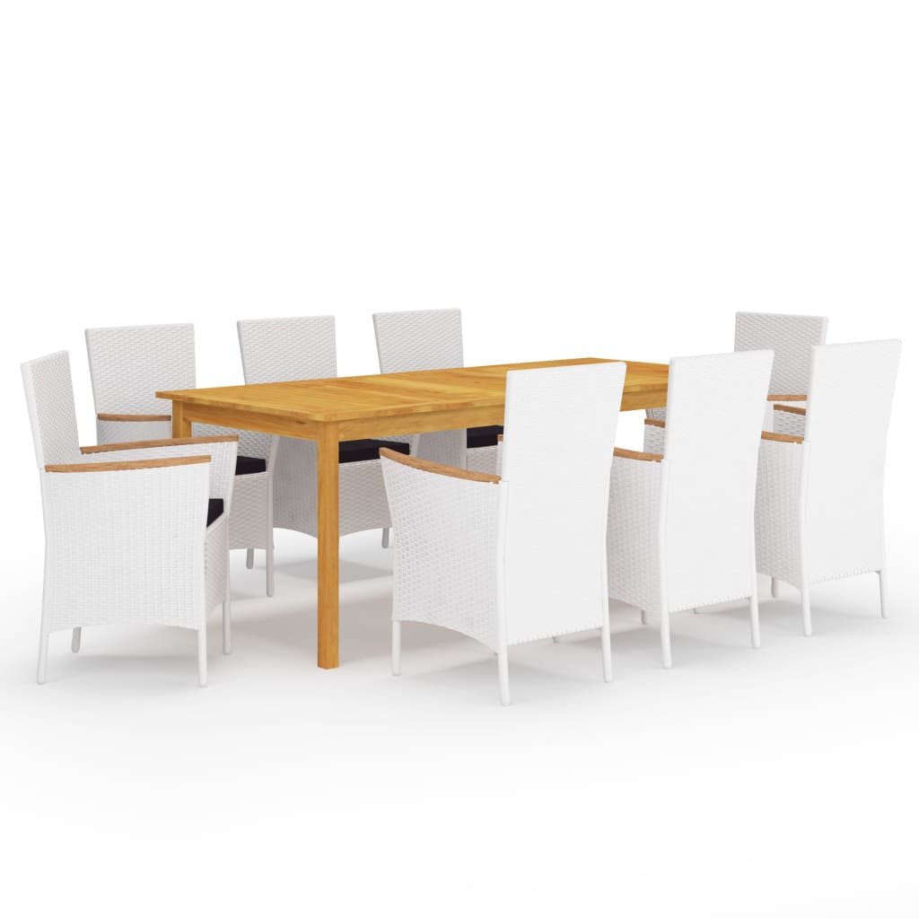 Set mobilier gradina 9 piese masa cu fotolii, vidaXL, Ratan si Lemn masiv de acacia, 200 x 90 x 74 cm, Alb-Maro