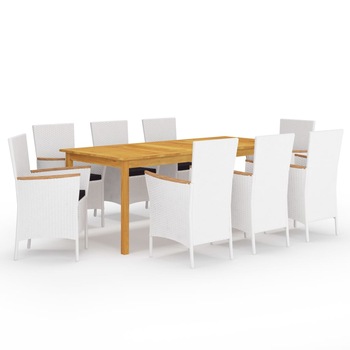 Set mobilier gradina 9 piese masa cu fotolii, vidaXL, Ratan si Lemn masiv de acacia, 200 x 90 x 74 cm, Alb-Maro Set mobilier gradina 9 piese masa cu fotolii, vidaXL, Ratan si Lemn masiv de acacia, 200 x 90 x 74 cm, Alb-Maro