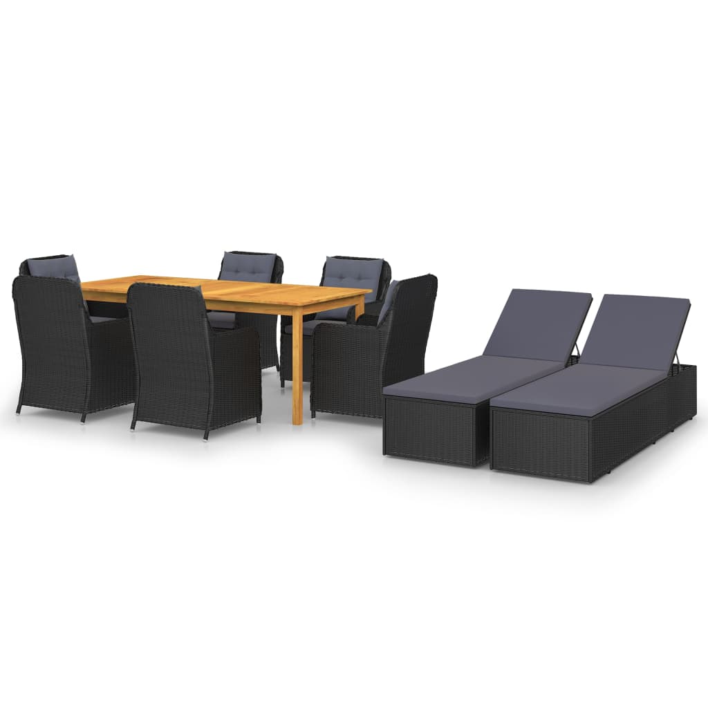 Set mobilier gradina 9 piese masa cu 6 fotolii si 2 sezlonguri, vidaXL, Ratan si Lemn masiv de acacia, 200 x 90 x 74 cm, Negru -perne gri inchis