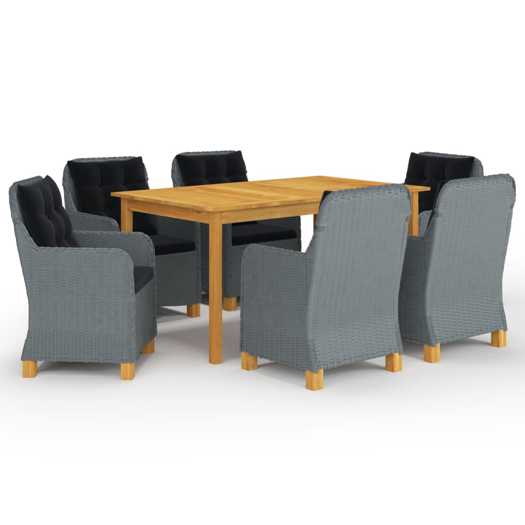 Set mobilier gradina 7 piese masa cu fotolii, vidaXL, Ratan si Lemn masiv de acacia, 150 x 90 x 74 cm, Gri deschis-Maro