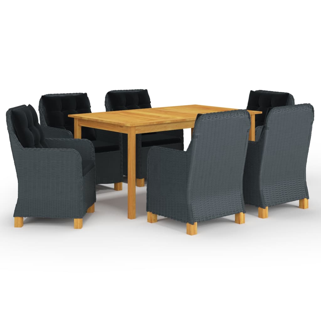 Set mobilier gradina 7 piese masa cu fotolii, vidaXL, Ratan si Lemn acacia, 150 x 90 x 74 cm, Gri deschis-Maro