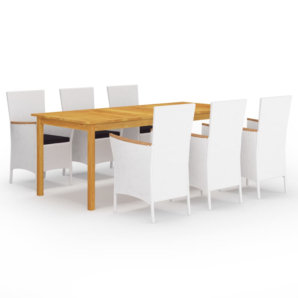 Set mobilier gradina 7 piese masa cu fotolii, vidaXL, Ratan si Lemn masiv de acacia, 200 x 90 x 74 cm, Alb-Maro