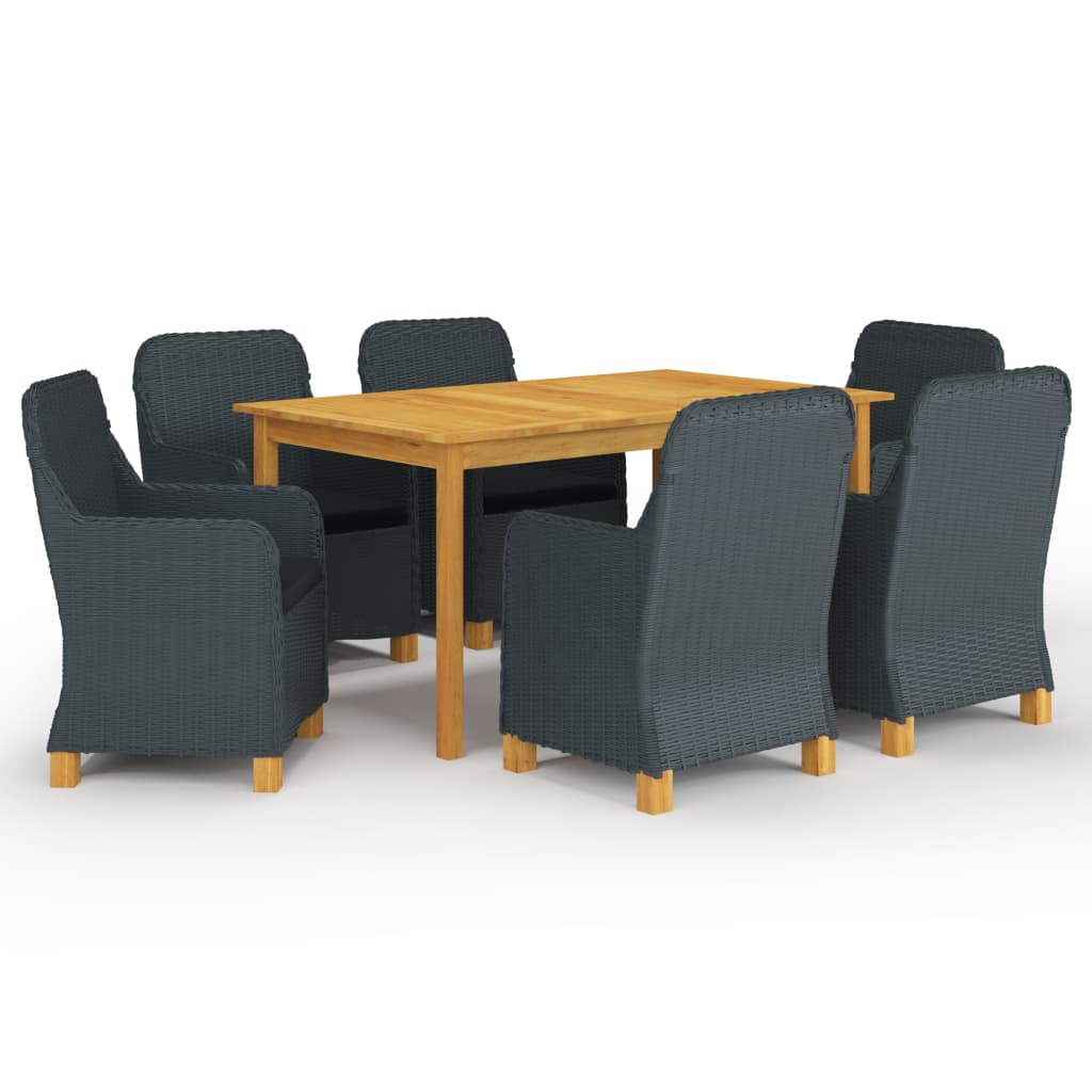 Set mobilier gradina 7 piese masa cu fotolii, vidaXL, Ratan si Lemn acacia, 150 x 90 x 74 cm, Gri inchis-Maro
