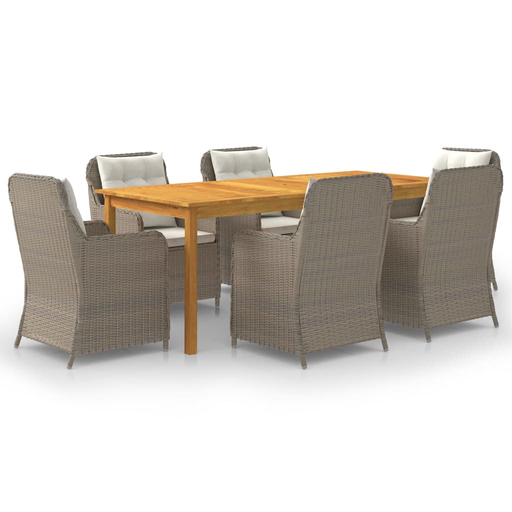 Set mobilier gradina 7 piese masa cu 6 fotolii, vidaXL, Ratan si Lemn masiv de acacia, 200 x 90 x 74 cm, Maro- perne crem
