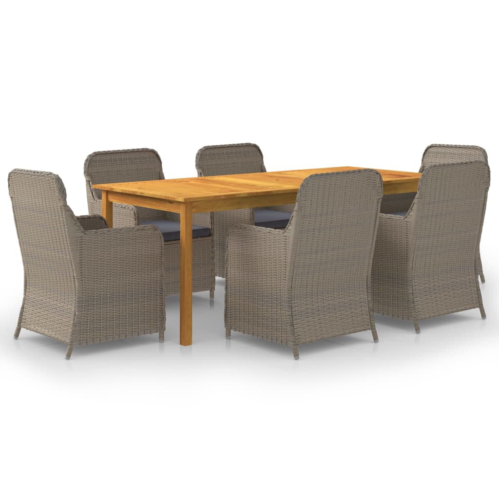 Set mobilier gradina 7 piese masa cu 6 fotolii, vidaXL, Ratan si Lemn masiv de acacia, 200 x 90 x 74 cm, Maro