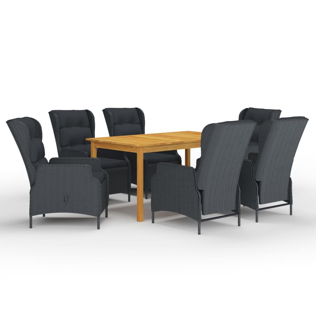 Set mobilier de gradina cu 7 piese masa cu fotolii, vidaXL, Ratan-Lemn masiv de acacia, 150 x 90 x 74 cm, Gri inchis-Maro