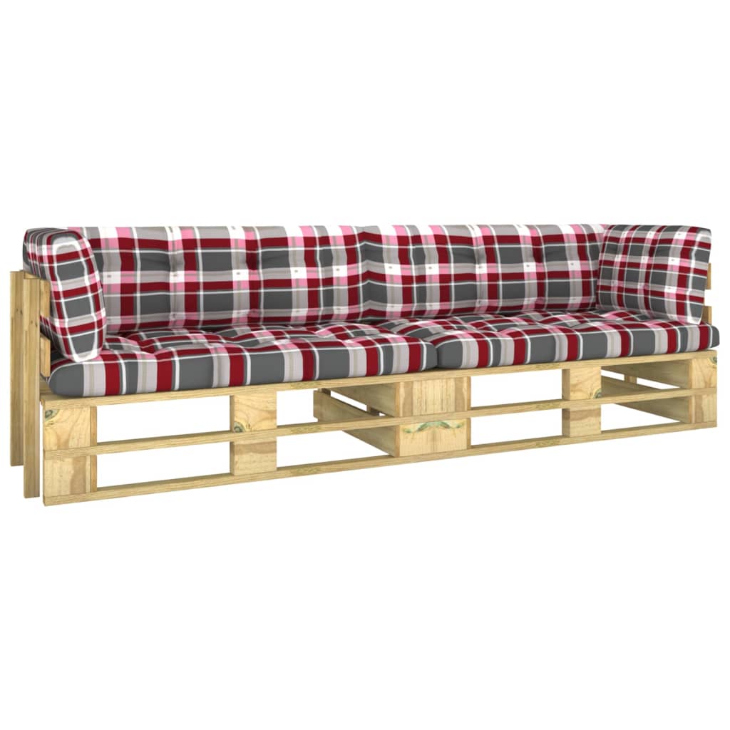 Canapea din paleti cu 2 locuri cu perne model carouri pentru gradina vidaXL, Lemn, 110 x 66 x 55 cm, perna 10 cm, Verde/Multicolor