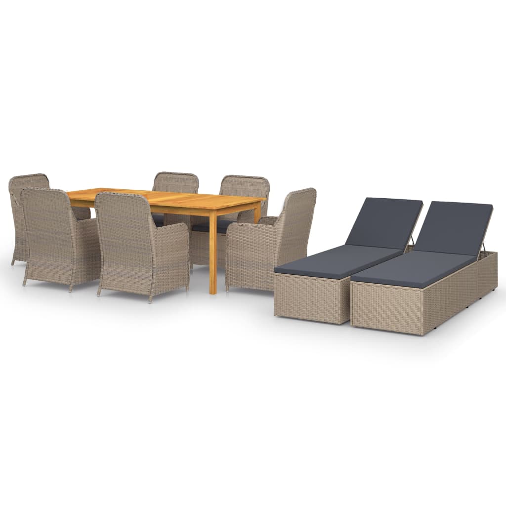 Set mobilier gradina 9 piese masa cu 6 fotolii si 2 sezlonguri, vidaXL, Ratan si Lemn masiv de acacia, 200 x 90 x 74 cm, Maro- perne gri inchis