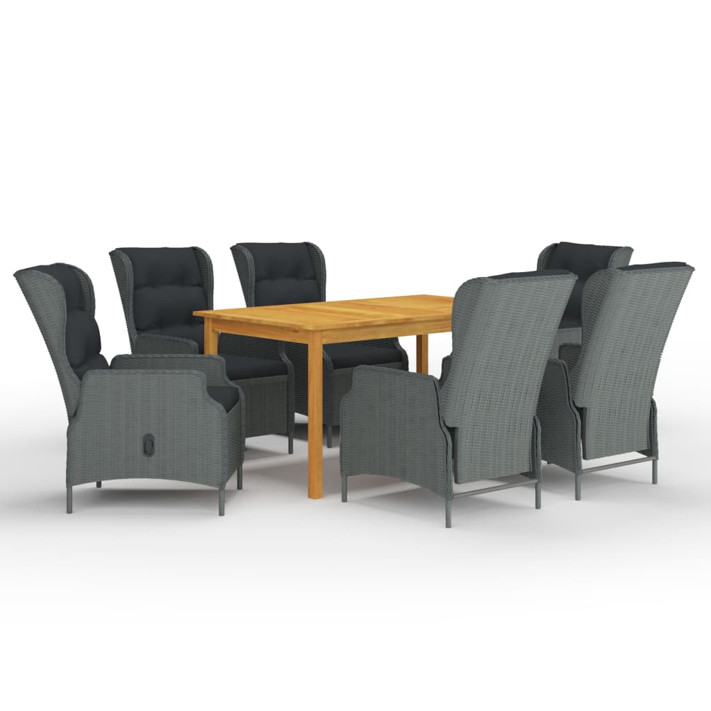 Set mobilier de gradina cu 7 piese masa cu fotolii, vidaXL, Ratan-Lemn masiv de acacia, 150 x 90 x 74 cm, Gri deschis-Maro