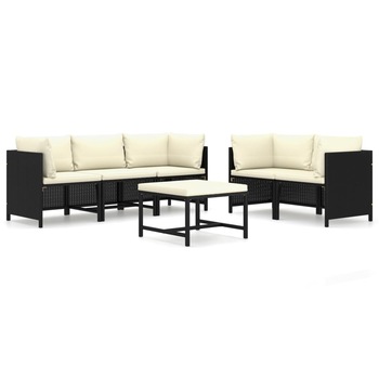 Set mobilier de gradina cu 1 masa si 5 canapele cu perne, vidaXL, Poliratan, 60 x 60 x 60 cm, Negru Set mobilier de gradina cu 1 masa si 5 canapele cu perne, vidaXL, Poliratan, 60 x 60 x 60 cm, Negru