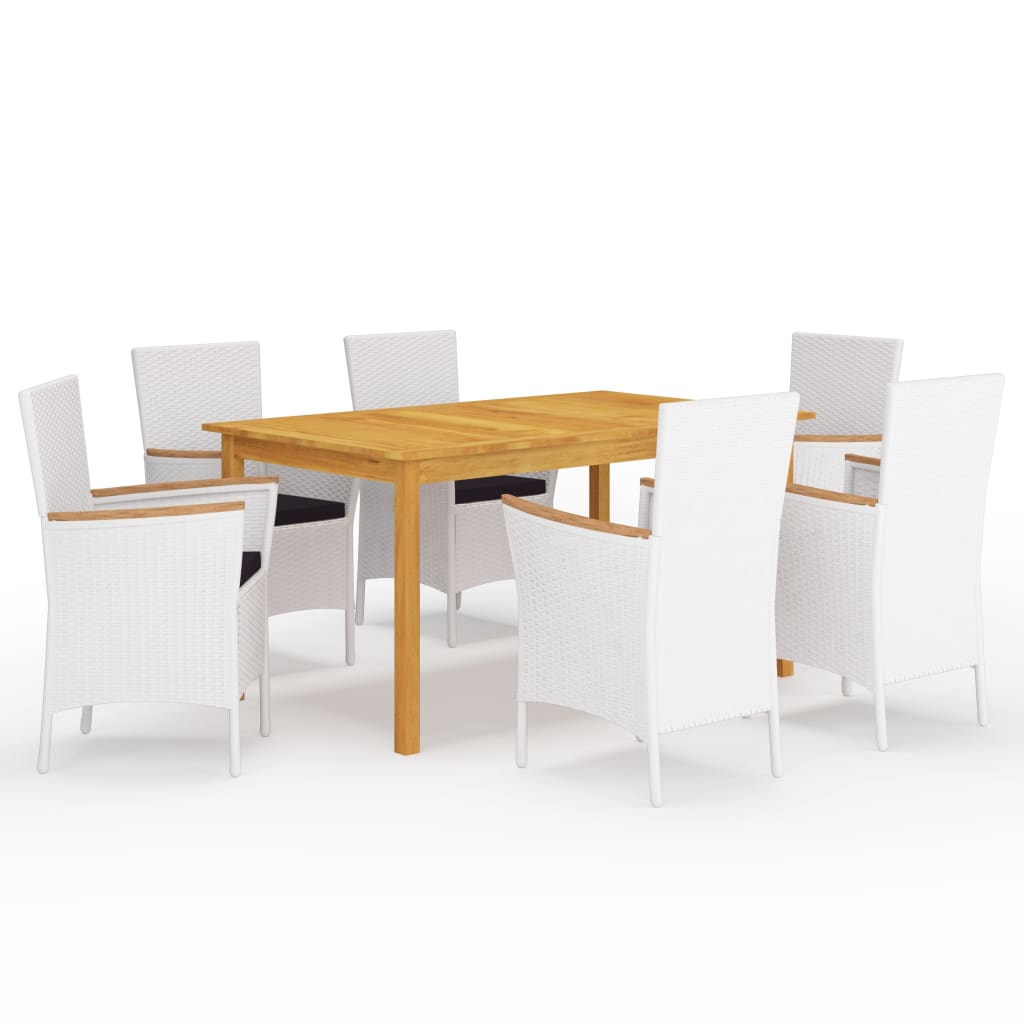 Set mobilier de gradina cu 7 piese masa cu fotolii, vidaXL, Ratan-Lemn masiv de acacia, 150 x 90 x 74 cm, Alb-Maro