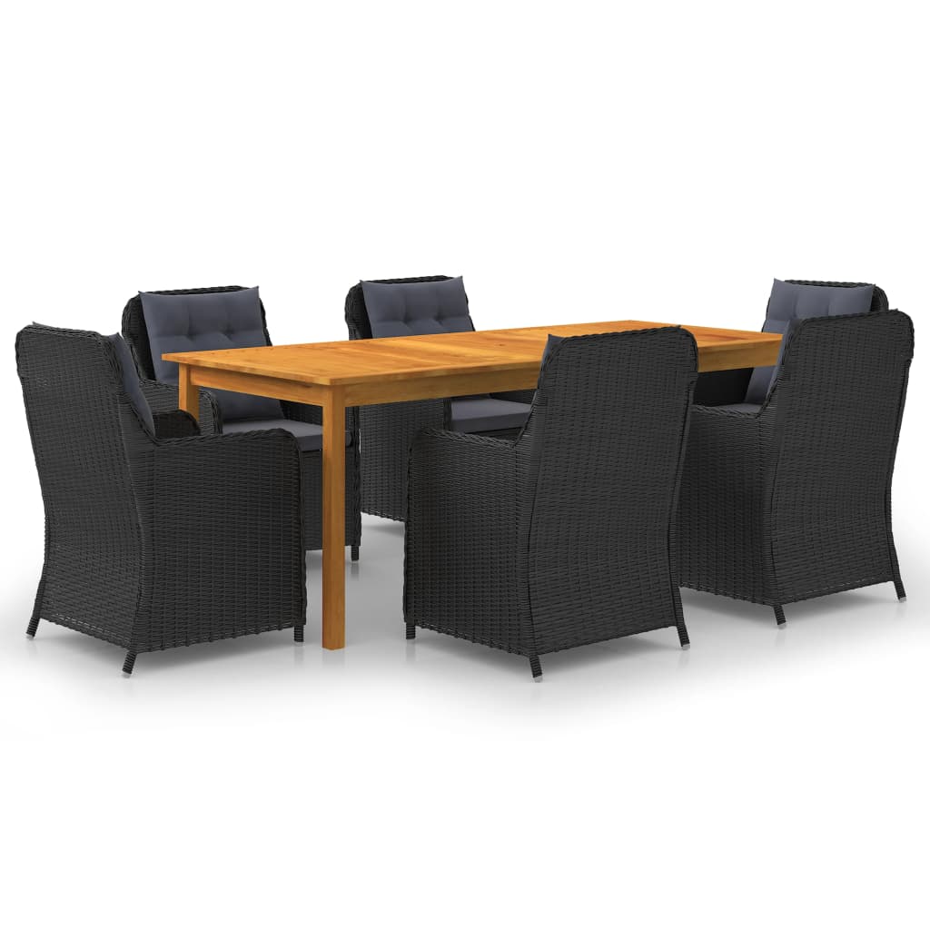 Set mobilier gradina 7 piese masa cu 6 fotolii, vidaXL, Ratan si Lemn masiv de acacia, 200 x 90 x 74 cm, Negru- perne gri inchis