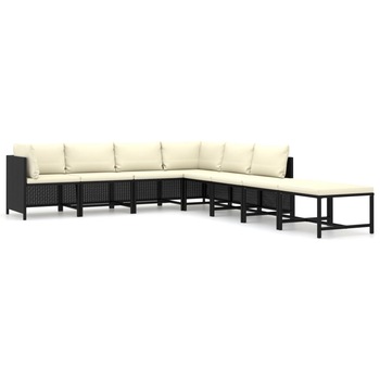 Set mobilier de gradina cu 6 canapele si 2 tabureti cu perne, vidaXL, Poliratan, 60 x 60 x 60 cm, Negru Set mobilier de gradina cu 6 canapele si 2 tabureti cu perne, vidaXL, Poliratan, 60 x 60 x 60 cm, Negru