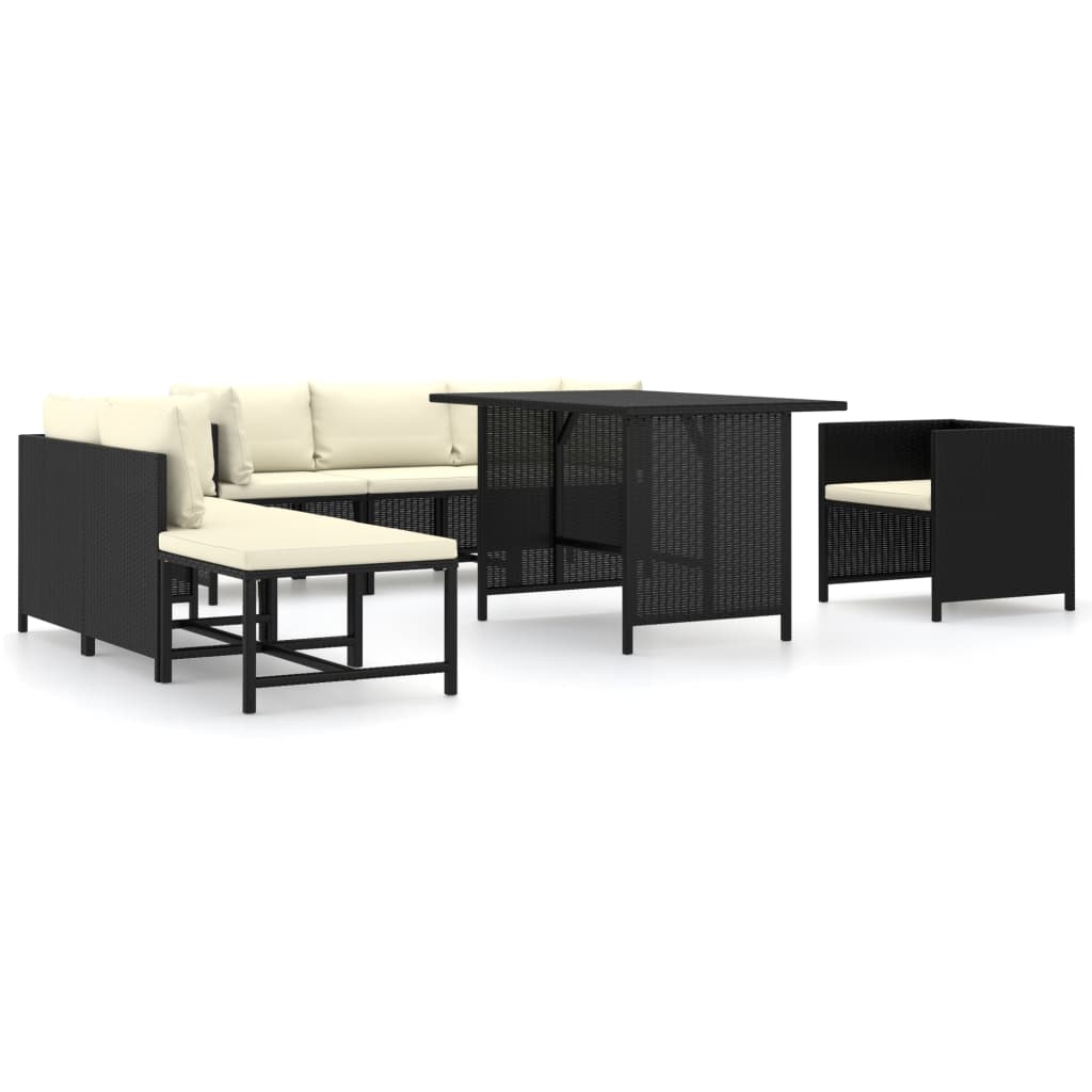 Set mobilier de gradina din 8 piese cu perne incluse vidaXL, Poliratan, 110 x 70 x 65 cm, Negru/Crem