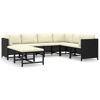 Set mobilier de gradina cu 8 piese cu perne incluse, vidaXL, Poliratan, 60 x 60 x 60 cm, Negru Set mobilier de gradina cu 8 piese cu perne incluse, vidaXL, Poliratan, 60 x 60 x 60 cm, Negru