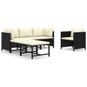 Set mobilier de gradina cu 3 canapele, 1 fotoliu si 2 tabureti cu perne, vidaXL, Poliratan, 60 x 60 x 60 cm, Negru Set mobilier de gradina cu 3 canapele, 1 fotoliu si 2 tabureti cu perne, vidaXL, Poliratan, 60 x 60 x 60 cm, Negru