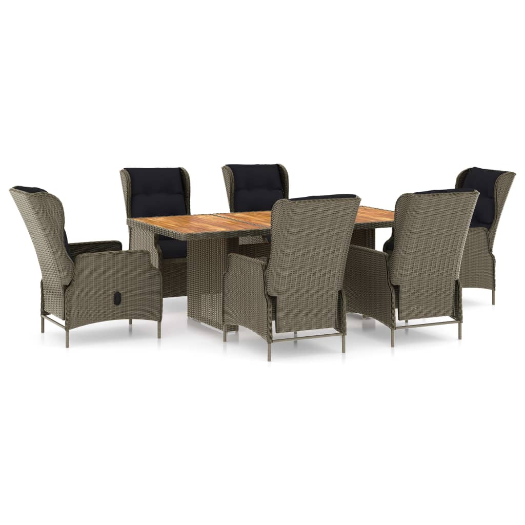 Set mobilier de exterior cu 6 scaune rabatabile cu perne si masa blat lemn masiv vidaXL, Poliratan, 200 x 100 x 74 cm, Maro/Negru