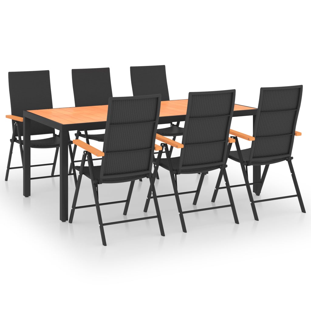 Set mobilier de gradina 7 piese masa cu 6 scaune, vidaXL, Ratan-lemn-otel, 185 x 90 x 74 cm, Negru-maro