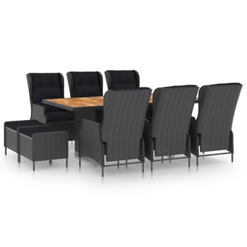 Set mobilier de exterior cu 6 scaune rabatabile, 2 tabureti cu perne si 1 masa blat lemn masiv vidaXL, Poliratan, 200 x 100 x 74 cm, Gri inchis/Negru Set mobilier de exterior cu 6 scaune rabatabile, 2 tabureti cu perne si 1 masa blat lemn masiv vidaXL, Poliratan, 200 x 100 x 74 cm, Gri inchis/Negru
