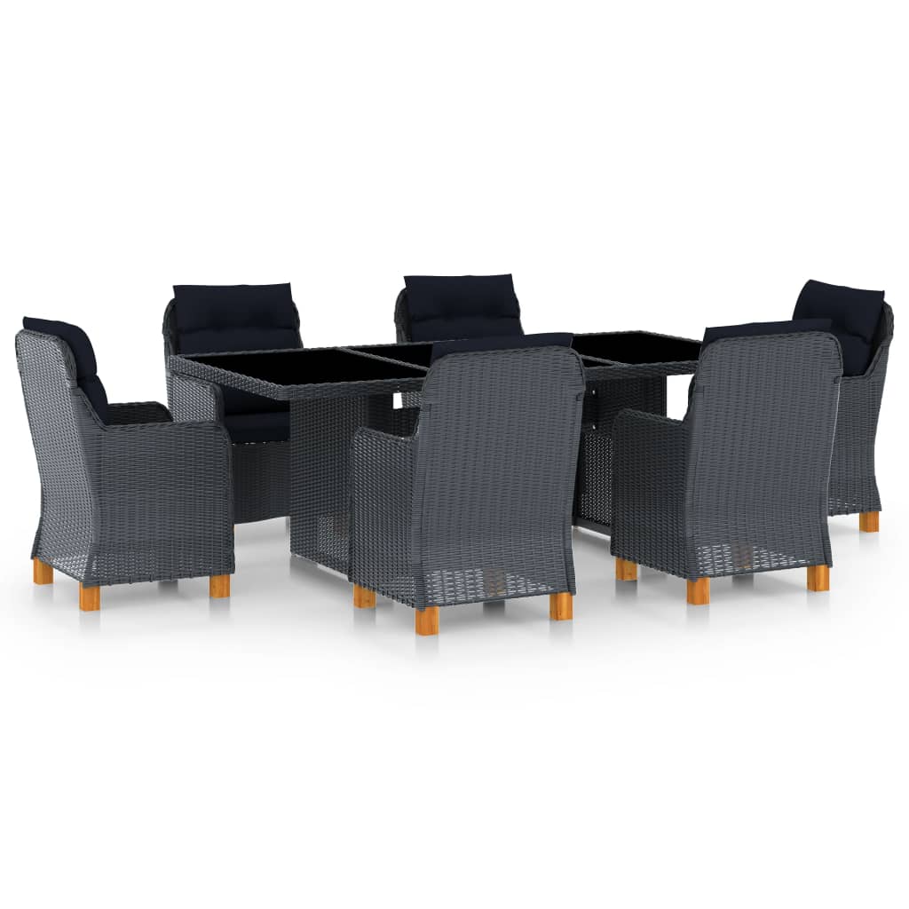 Set mobilier de exterior cu 6 fotolii rabatabile cu perne si 1 masa blat sticla vidaXL, Poliratan, 200 x 100 x 74 cm, Gri inchis/Negru