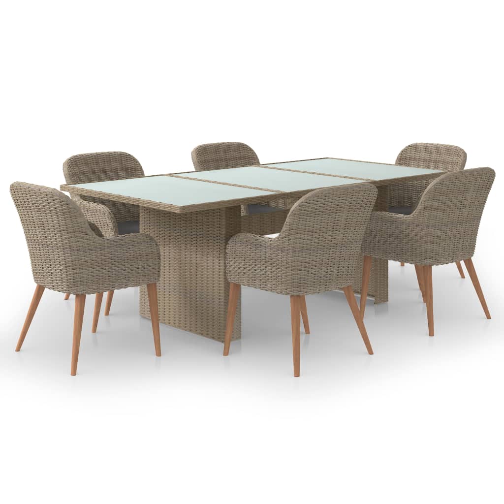 Set mobilier de gradina 7 piese masa cu 6 scaune, vidaXL, Ratan-sticla, 200 x 100 x 74 cm, Maro, perne negru