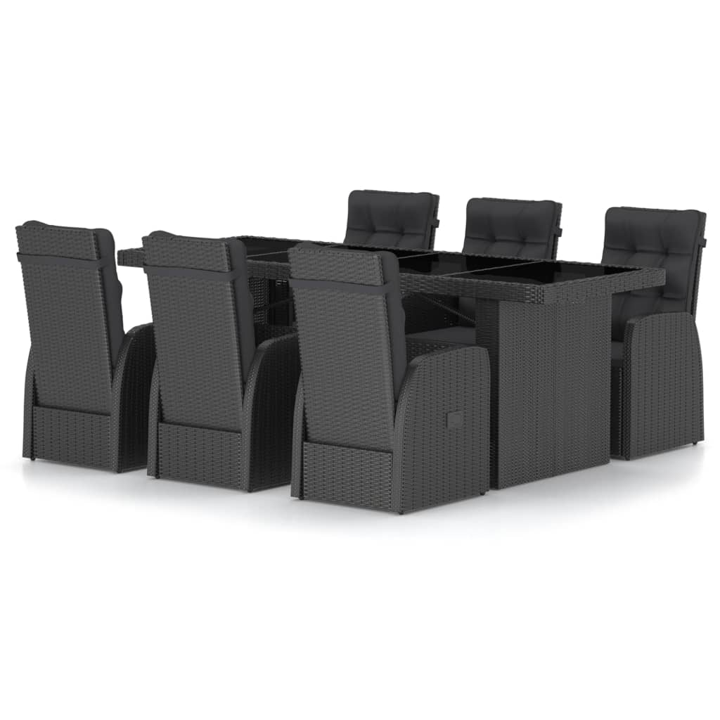 Set mobilier de terasa 7 piese masa cu 6 scaune-fotoliu, vidaXL, Ratan, 240 x 90 x 74 cm, Negru-perne negru