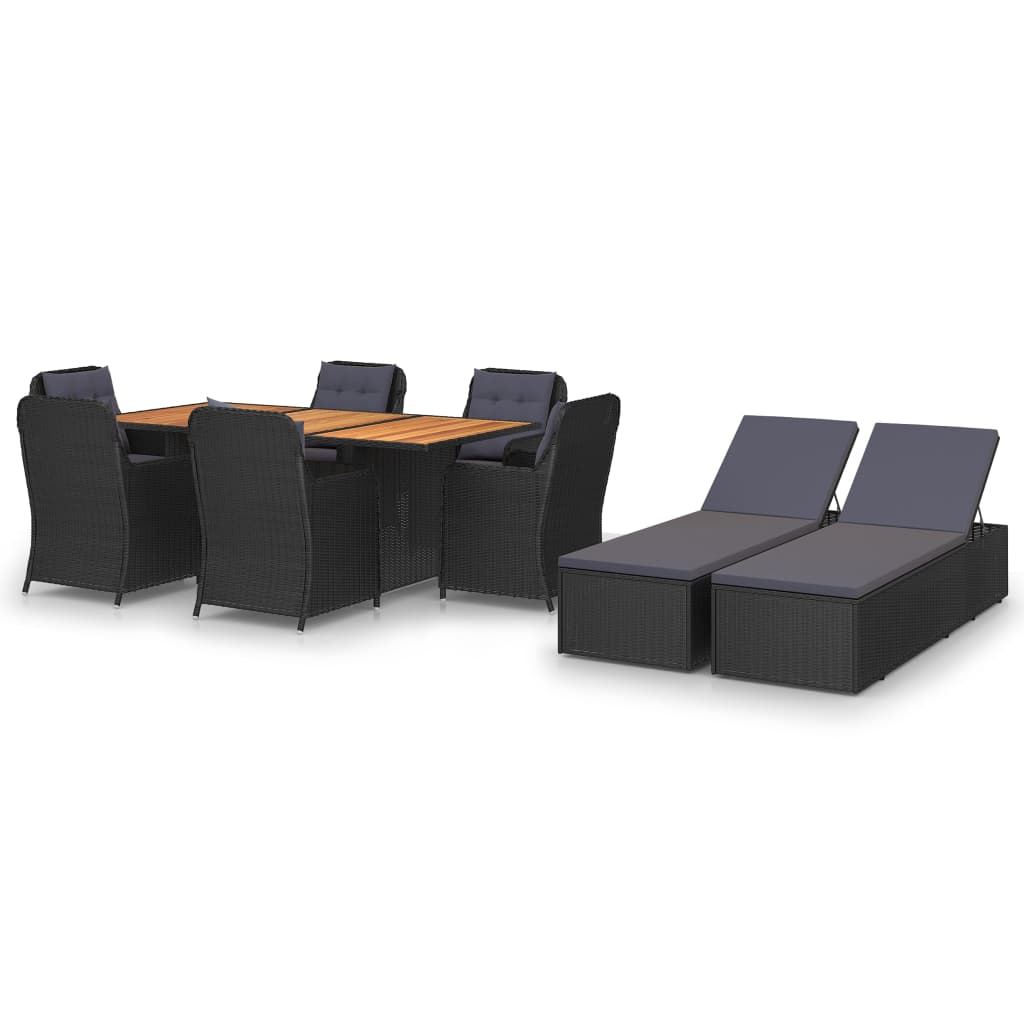 Set mobilier de gradina cu 6 fotolii, 2 sezlonguri cu perne si 1 masa cu blat din lemn masiv vidaXL, Poliratan, 200 x 100 x 74 cm, Negru/Maro