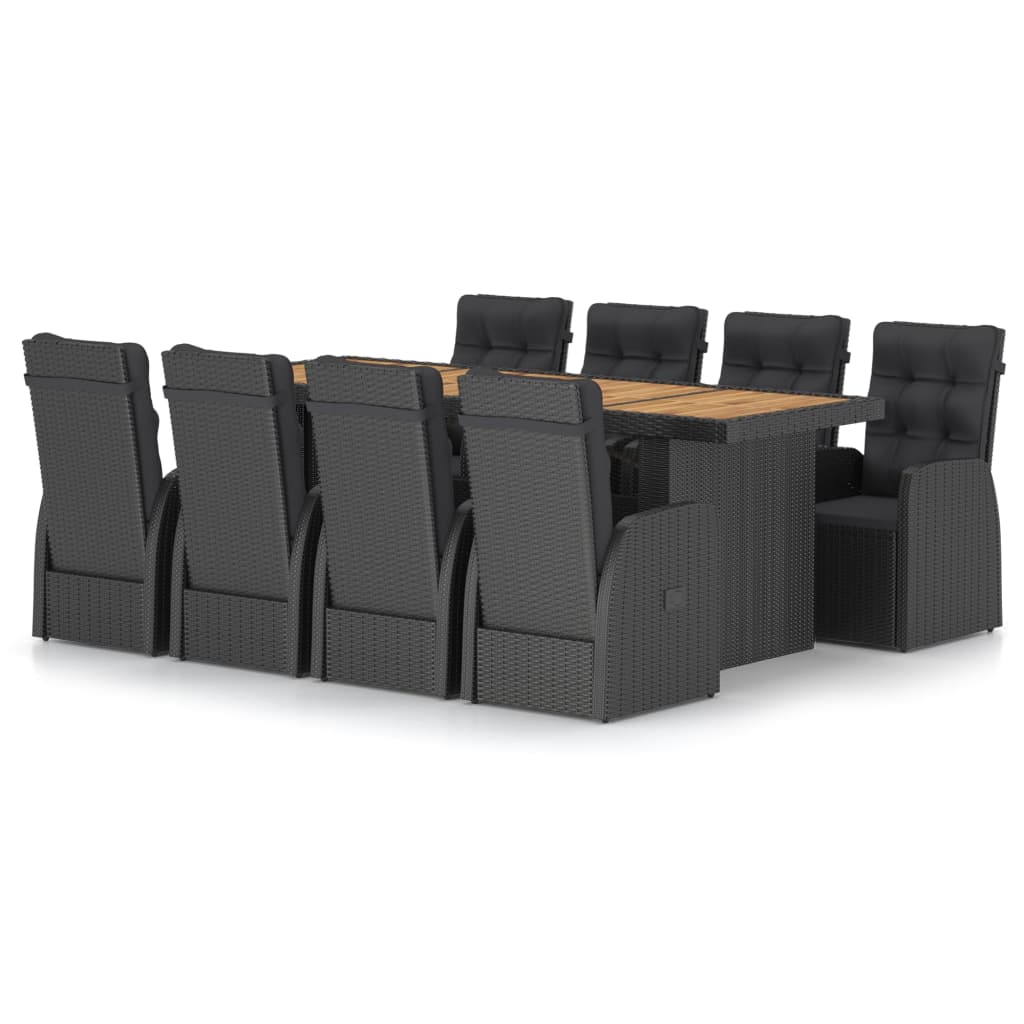 Set mobilier de terasa 9 piese masa cu 8 scaune-fotoliu, vidaXL, Ratan, 240 x 90 x 74 cm, Negru-perne negru