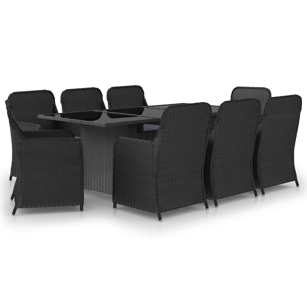 Set mobilier de gradina din 9 piese cu perne vidaXL, Poliratan, 200 x 100 x 74 cm, Negru