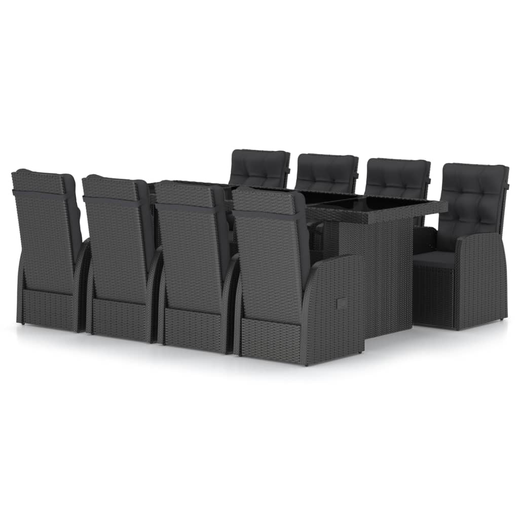 Set mobilier de terasa 9 piese masa cu 8 scaune-fotoliu, vidaXL, Ratan-Sticla, 240 x 90 x 74 cm, Negru-perne negru